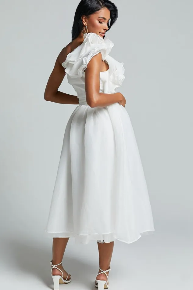 Tia Midi Dress 8211 One Shoulder Frill Detail Fit and Flare Dress In White Women Showpo Dresses