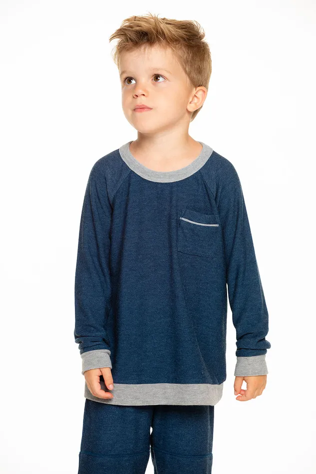 Tops Chaser Brand Boys Cozy Knit Long Sleeve Contrast Raglan Pullover with Pocket in Avalon