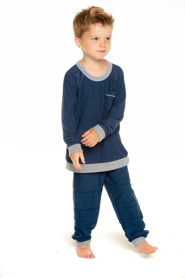 Tops Chaser Brand Boys Cozy Knit Long Sleeve Contrast Raglan Pullover with Pocket in Avalon