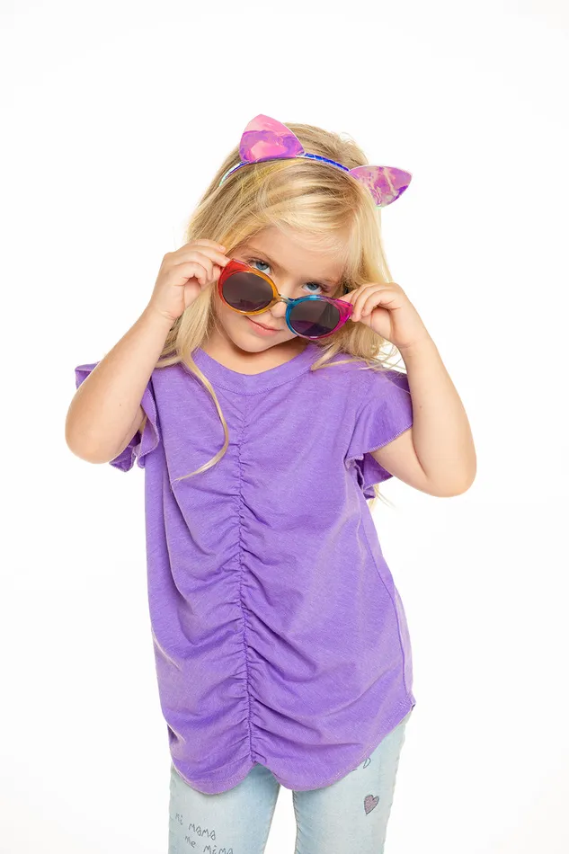 Tops Chaser Brand Girls Recycled Vintage Jersey Shirred Flutter Sleeve Tee in Electric Purple