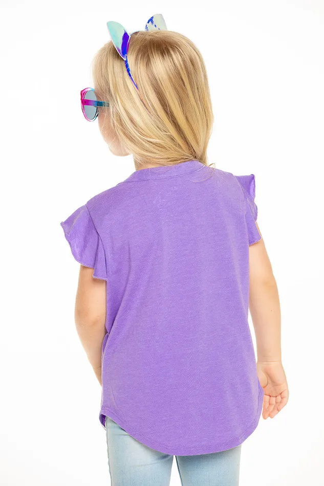 Tops Chaser Brand Girls Recycled Vintage Jersey Shirred Flutter Sleeve Tee in Electric Purple