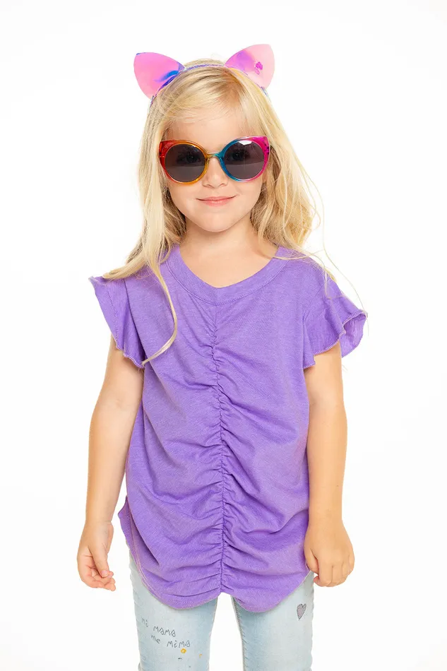 Tops Chaser Brand Girls Recycled Vintage Jersey Shirred Flutter Sleeve Tee in Electric Purple