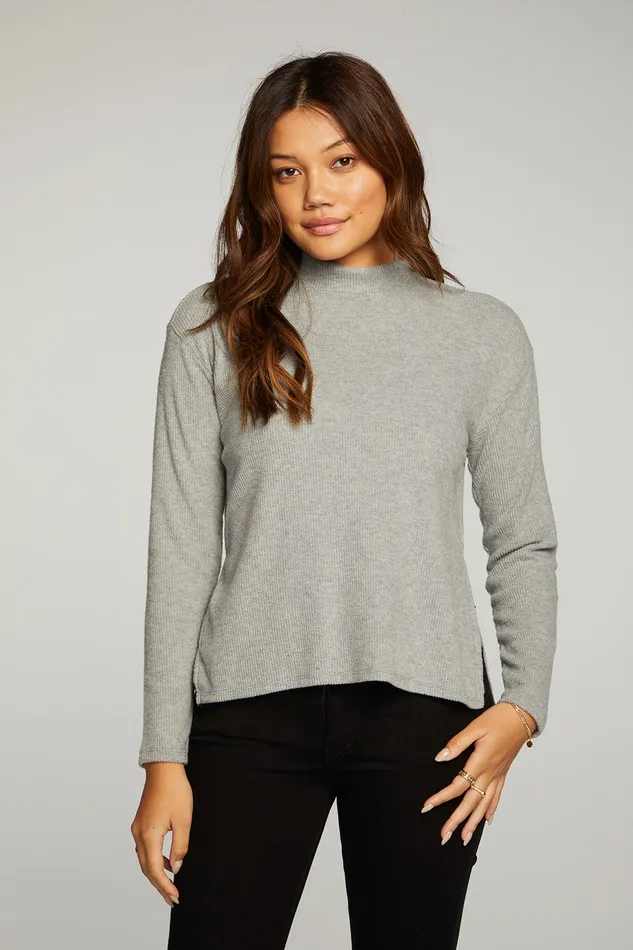 Tops Chaser Brand Womens rPET Love Rib Mock Neck Side Slit Long Sleeve Hi Lo Pullover
