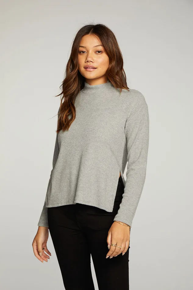 Tops Chaser Brand Womens rPET Love Rib Mock Neck Side Slit Long Sleeve Hi Lo Pullover