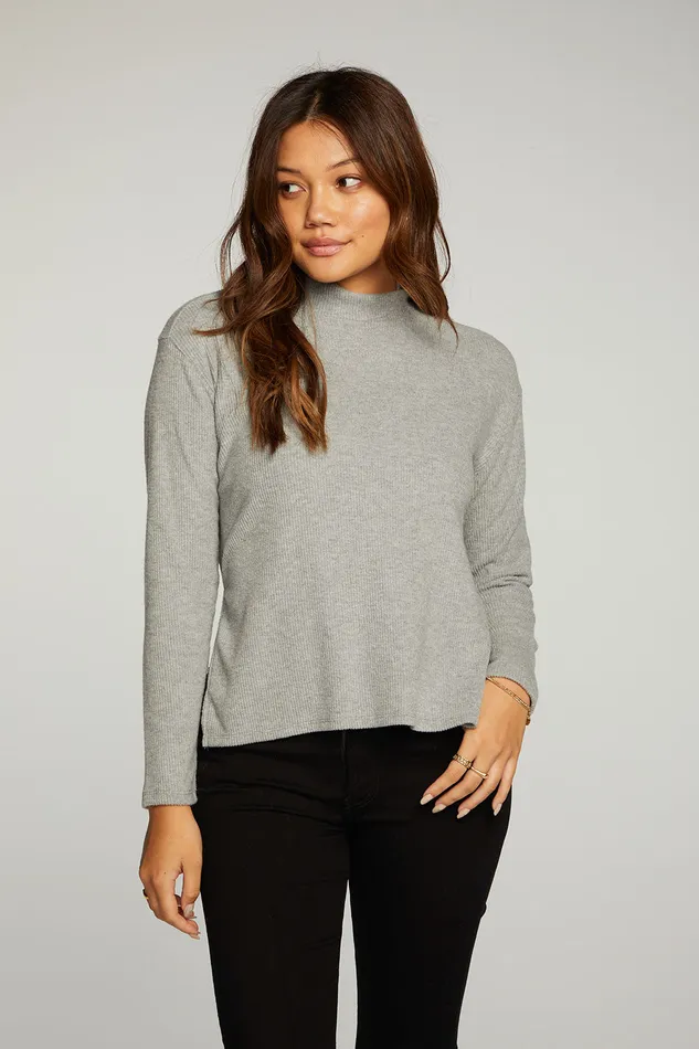 Tops Chaser Brand Womens rPET Love Rib Mock Neck Side Slit Long Sleeve Hi Lo Pullover