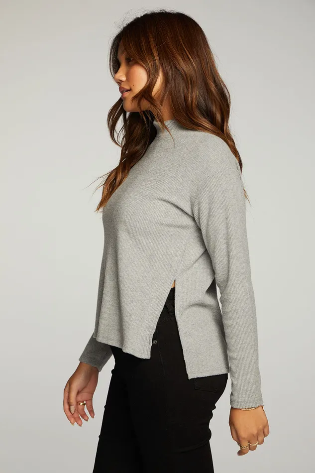 Tops Chaser Brand Womens rPET Love Rib Mock Neck Side Slit Long Sleeve Hi Lo Pullover