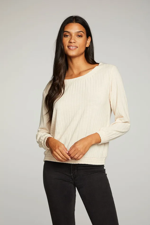 Tops Poor Boy Rib Open Neck Pullover With Shirring Chaser Brand Womens