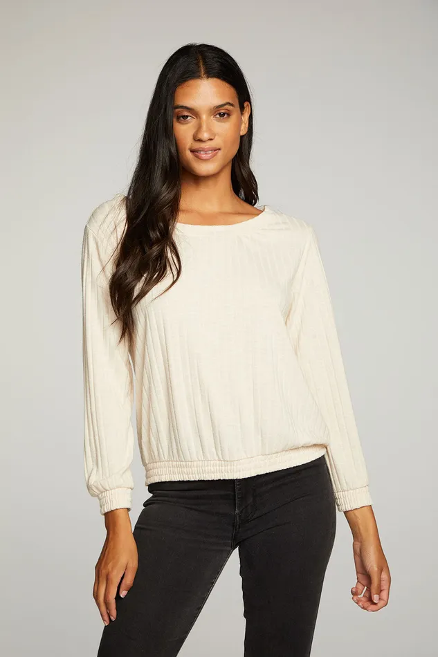 Tops Poor Boy Rib Open Neck Pullover With Shirring Chaser Brand Womens