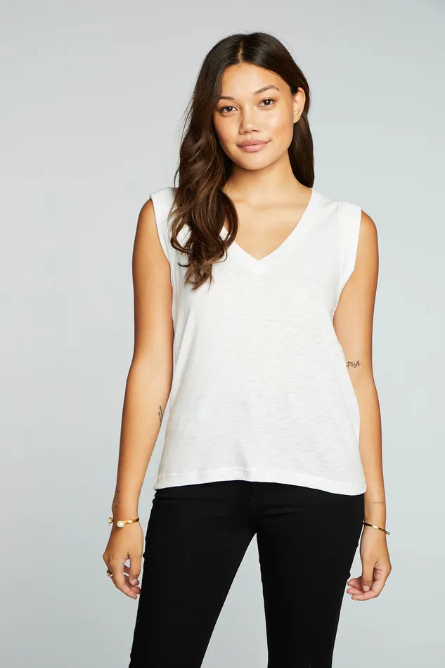 Tops Womens Chaser Brand Gauze Jersey Rolled Armhole V Neck Muscle Tank