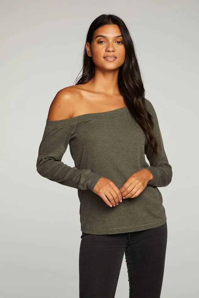 Triblend Rib Long Sleeve Off Shoulder Raglan Tee Loungewear Chaser Brand Womens