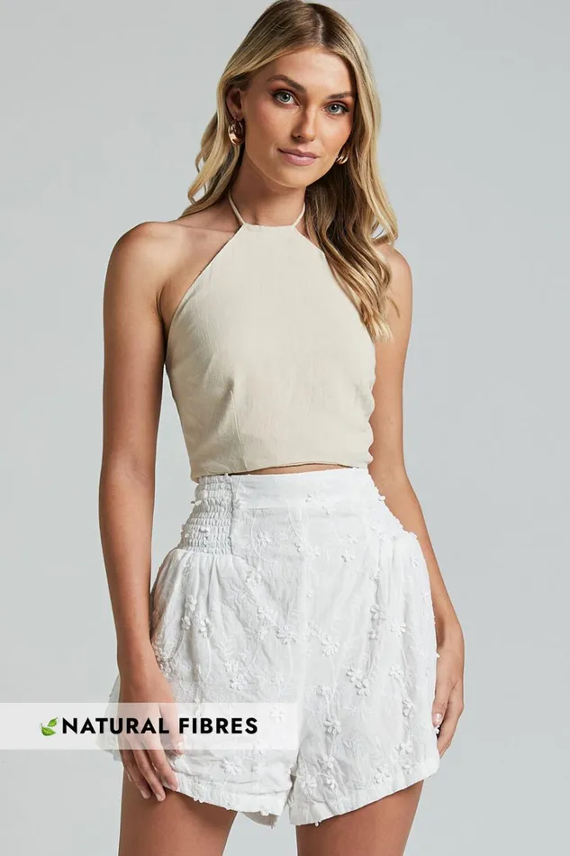 Vanni Shorts 8211 Flower Embroidered Shirred Waist Short In White Women Showpo Shorts