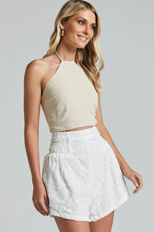 Vanni Shorts 8211 Flower Embroidered Shirred Waist Short In White Women Showpo Shorts