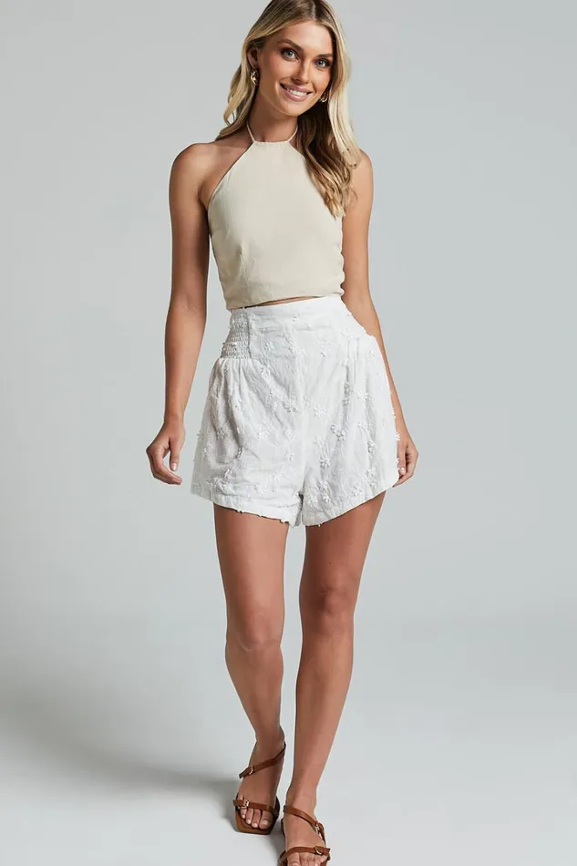 Vanni Shorts 8211 Flower Embroidered Shirred Waist Short In White Women Showpo Shorts
