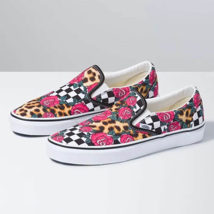 Vans RoseAnimal Check Classic SlipOn True WhiteMulti MensWomens Classics Shoes