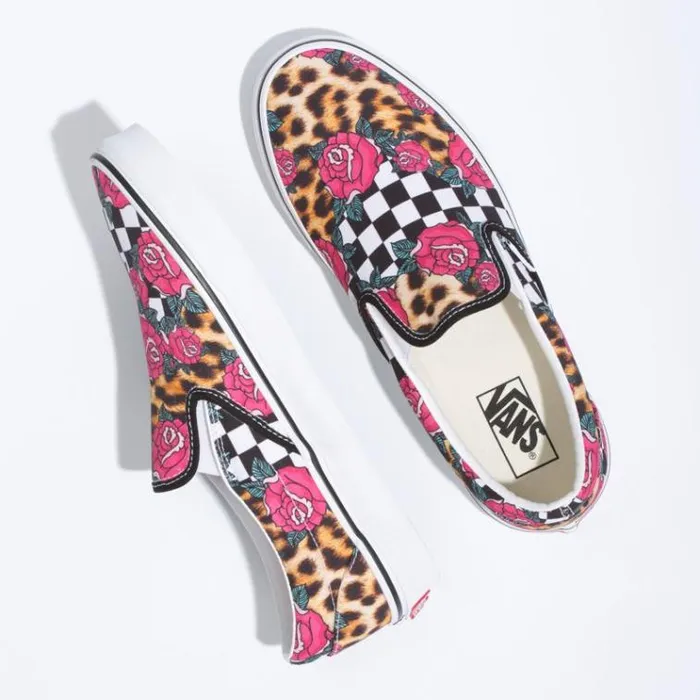 Vans RoseAnimal Check Classic SlipOn True WhiteMulti MensWomens Classics Shoes