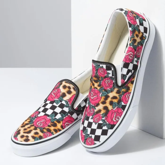 Vans RoseAnimal Check Classic SlipOn True WhiteMulti MensWomens Classics Shoes