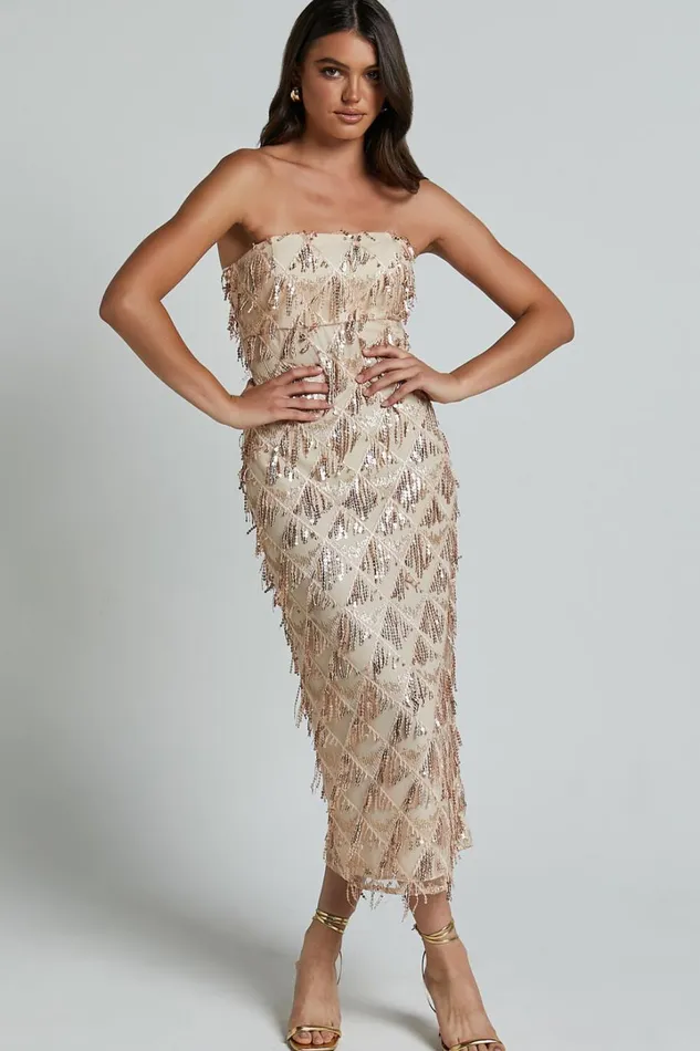 Variel Midi Dress 8211 Strapless Fringe Sequin Dress In Champagne Women Showpo Curve Clothes