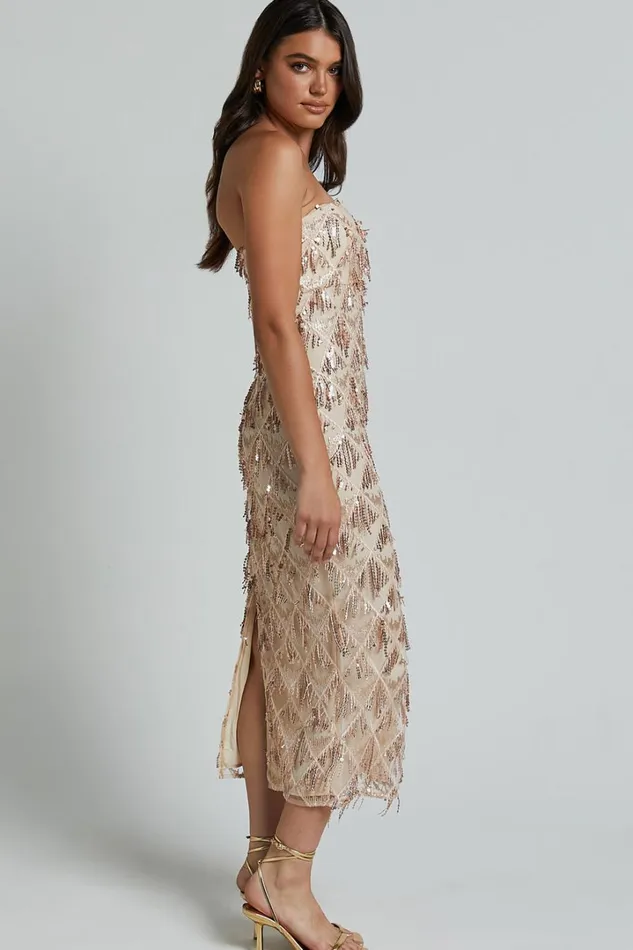 Variel Midi Dress 8211 Strapless Fringe Sequin Dress In Champagne Women Showpo Curve Clothes