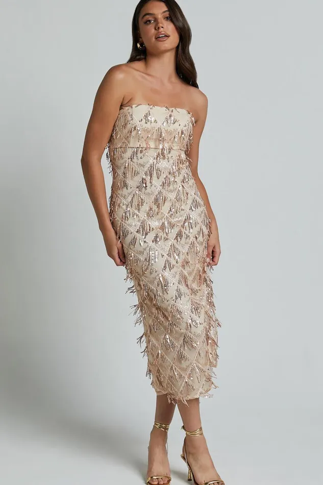 Variel Midi Dress 8211 Strapless Fringe Sequin Dress In Champagne Women Showpo Curve Clothes