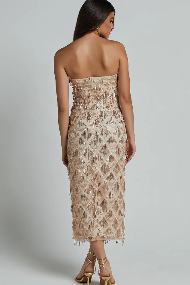 Variel Midi Dress 8211 Strapless Fringe Sequin Dress In Champagne Women Showpo Curve Clothes