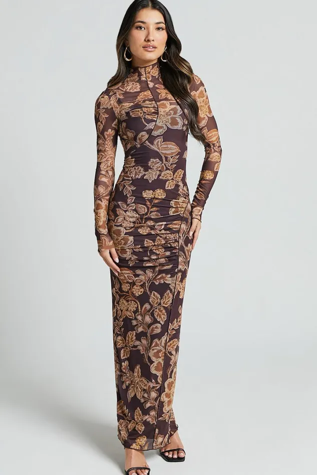 Vivian Midi Dress 8211 High Neck Long Sleeve Mesh Dress In Amber Bloom Print Women Showpo Curve Clothes