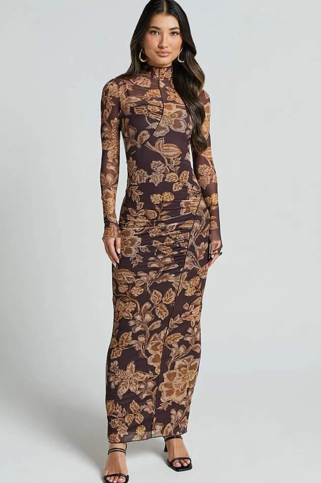 Vivian Midi Dress 8211 High Neck Long Sleeve Mesh Dress In Amber Bloom Print Women Showpo Curve Clothes