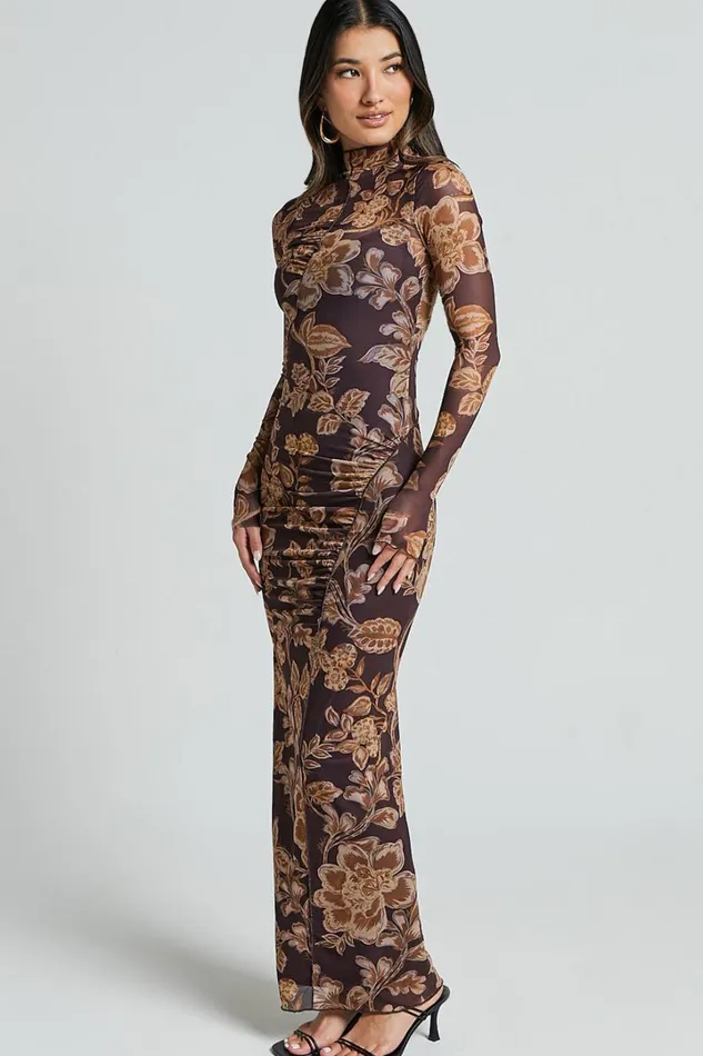 Vivian Midi Dress 8211 High Neck Long Sleeve Mesh Dress In Amber Bloom Print Women Showpo Curve Clothes