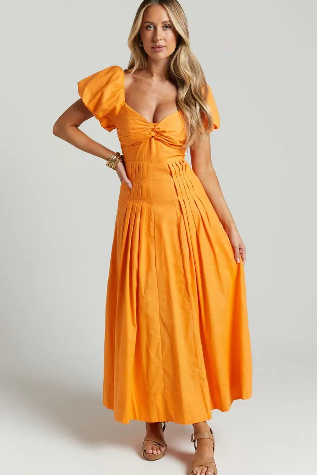 Viviana Midi Dress 8211 Sweetheart Puff Short Sleeve Dress In Orange Women Showpo Dresses