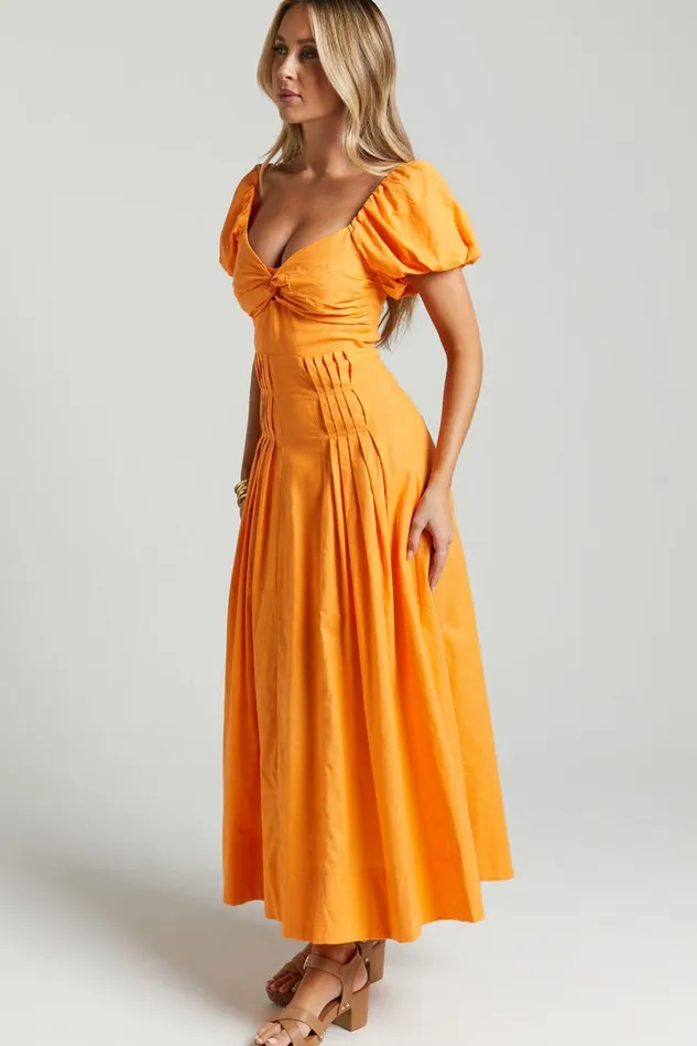 Viviana Midi Dress 8211 Sweetheart Puff Short Sleeve Dress In Orange Women Showpo Dresses