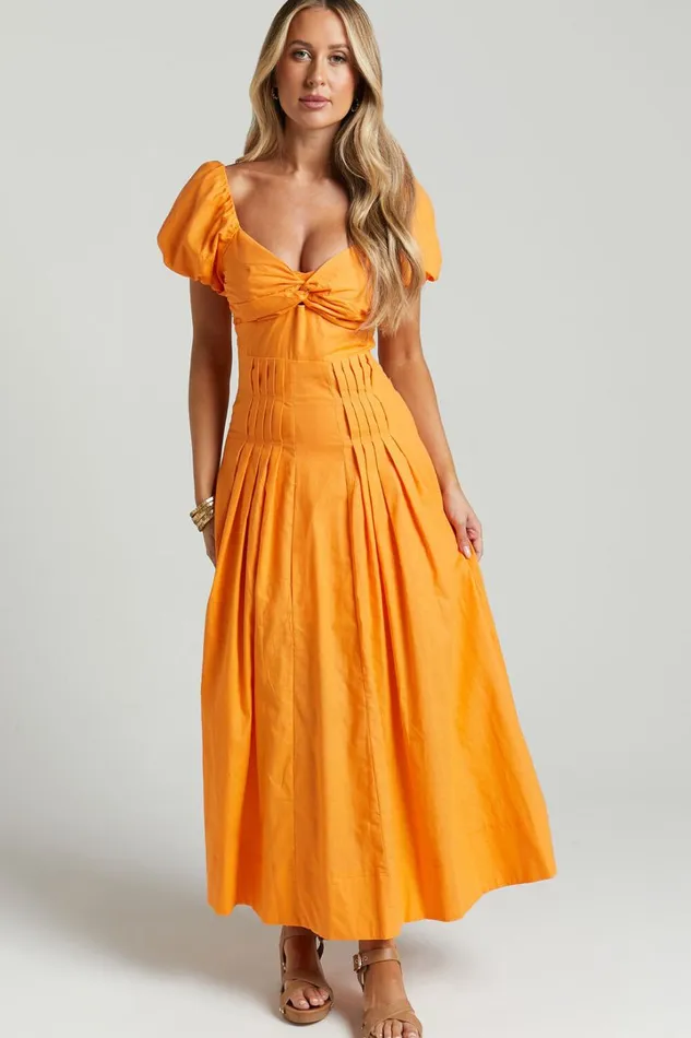 Viviana Midi Dress 8211 Sweetheart Puff Short Sleeve Dress In Orange Women Showpo Dresses