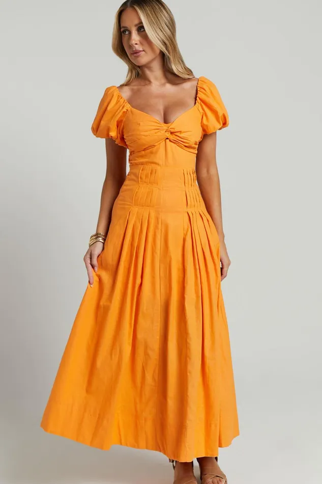 Viviana Midi Dress 8211 Sweetheart Puff Short Sleeve Dress In Orange Women Showpo Dresses