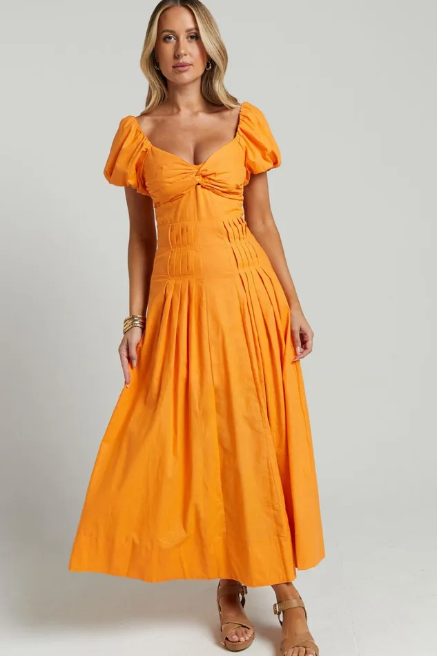 Viviana Midi Dress 8211 Sweetheart Puff Short Sleeve Dress In Orange Women Showpo Dresses