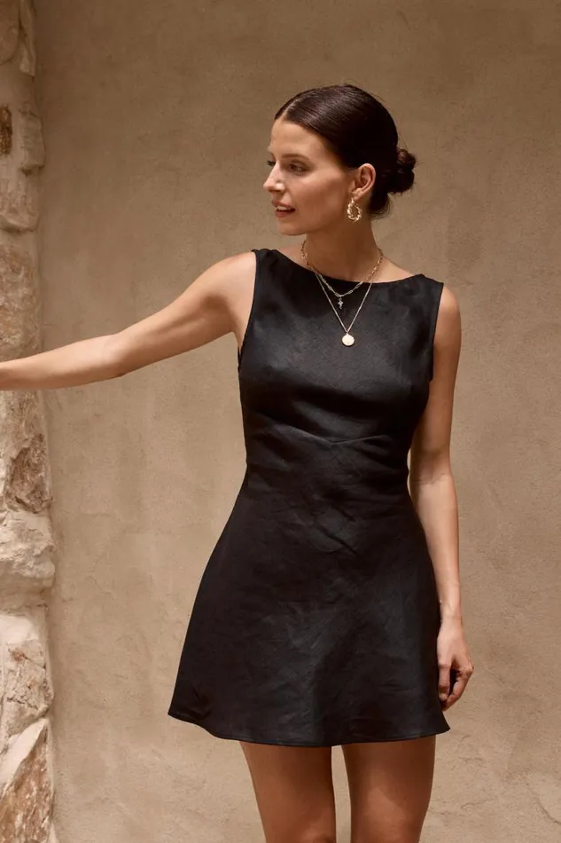 VRG GRL Art Of Bloom Linen Bias Cut Mini Dress Black Women Mini Dresses