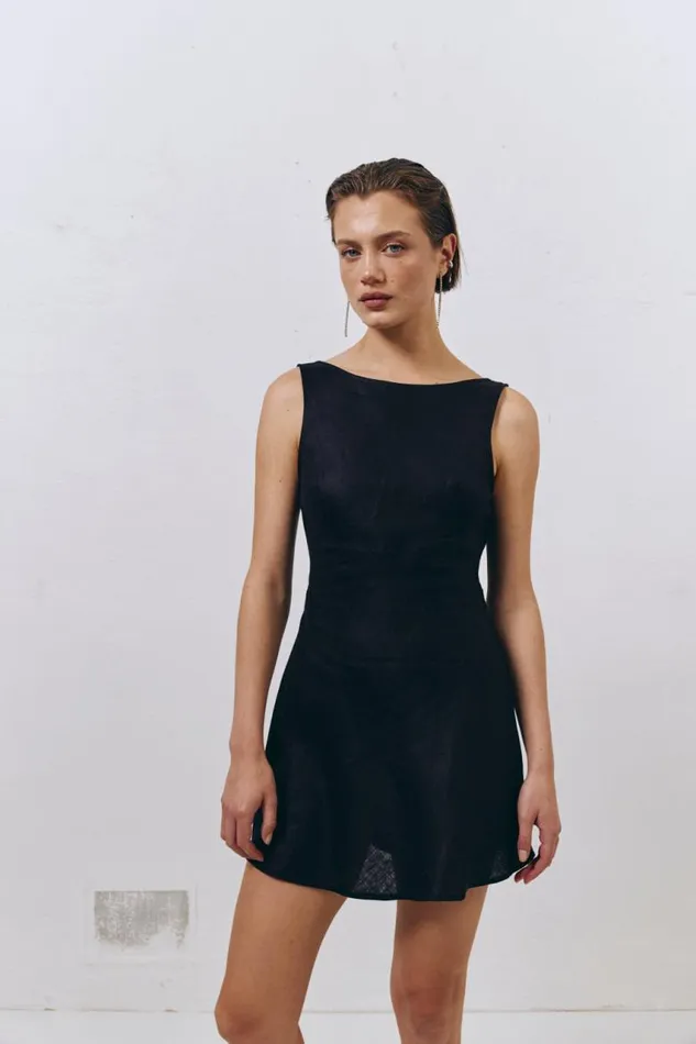 VRG GRL Art Of Bloom Linen Bias Cut Mini Dress Black Women Mini Dresses