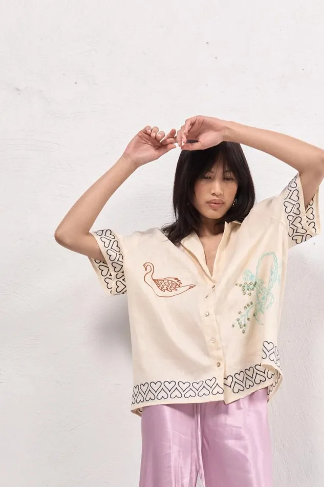 VRG GRL Natalia Linen Shirt Cream Women Short Sleeve