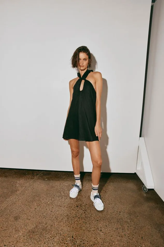 VRG GRL Natassia Linen Halter Mini Dress Black Women Mini Dresses