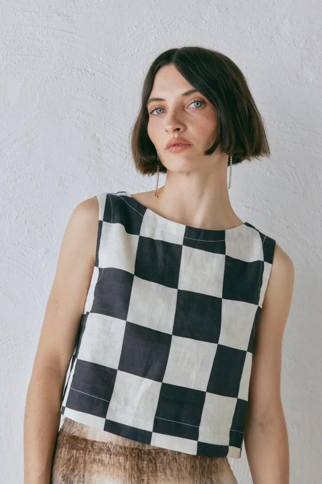 VRG GRL Naya Linen Top Check Women Sleeveless
