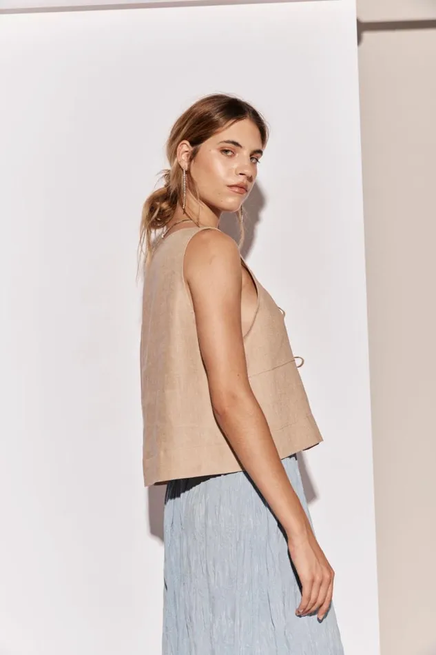 VRG GRL Nessa Linen Smock Top Beige Women Sleeveless