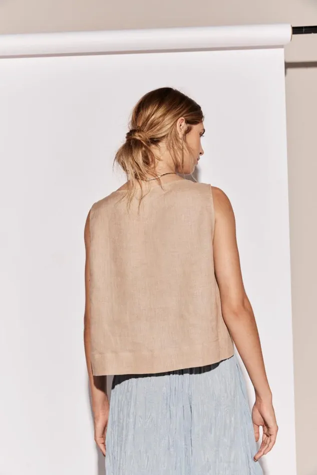 VRG GRL Nessa Linen Smock Top Beige Women Sleeveless