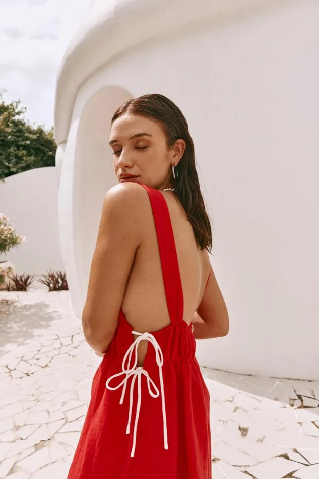 VRG GRL Paros Palms Linen Midi Dress Red Women MidiMaxi Dresses