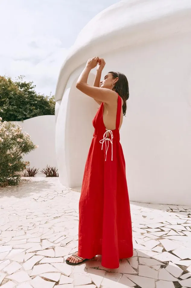 VRG GRL Paros Palms Linen Midi Dress Red Women MidiMaxi Dresses