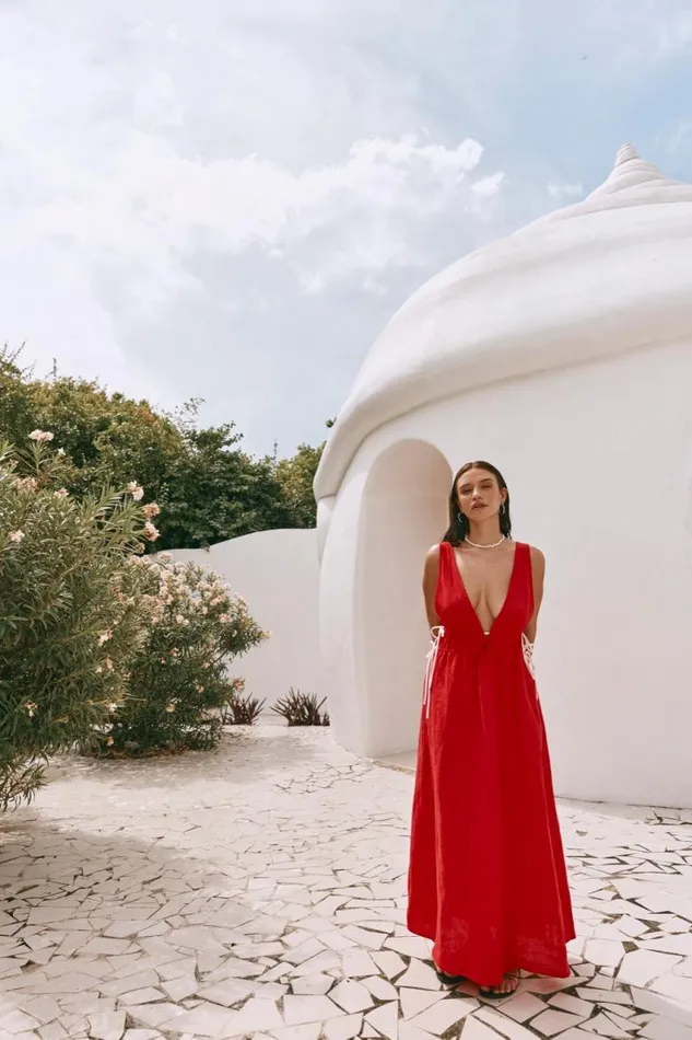 VRG GRL Paros Palms Linen Midi Dress Red Women MidiMaxi Dresses