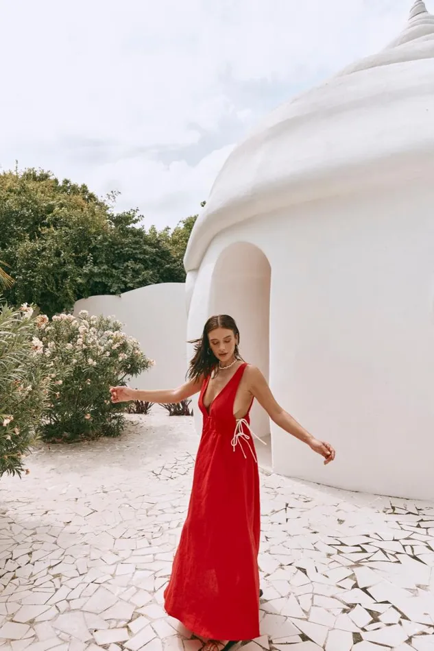 VRG GRL Paros Palms Linen Midi Dress Red Women MidiMaxi Dresses