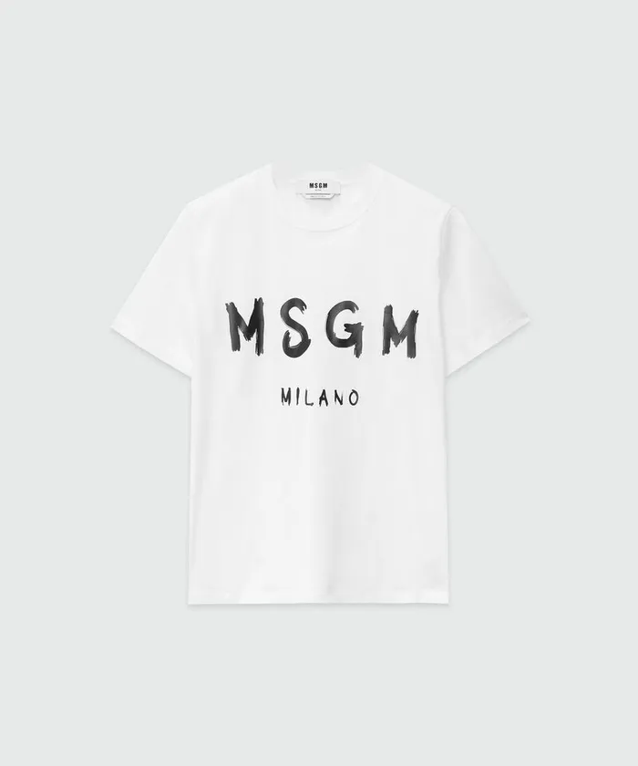 White Jersey TShirt With Brushstroke Logo Women MSGM Tshirts
