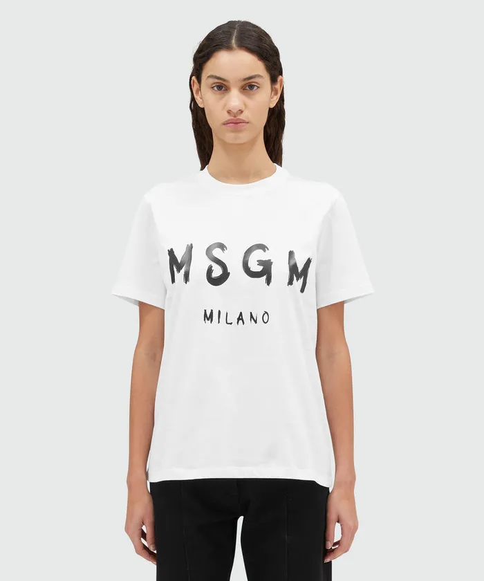 White Jersey TShirt With Brushstroke Logo Women MSGM Tshirts