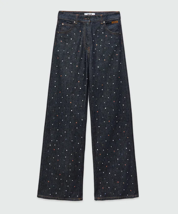 WideLeg Dark Blue Denim Pants With Studs Women MSGM Pants And Shorts