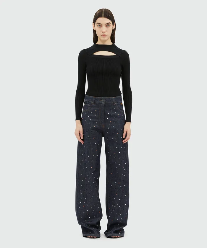 WideLeg Dark Blue Denim Pants With Studs Women MSGM Pants And Shorts