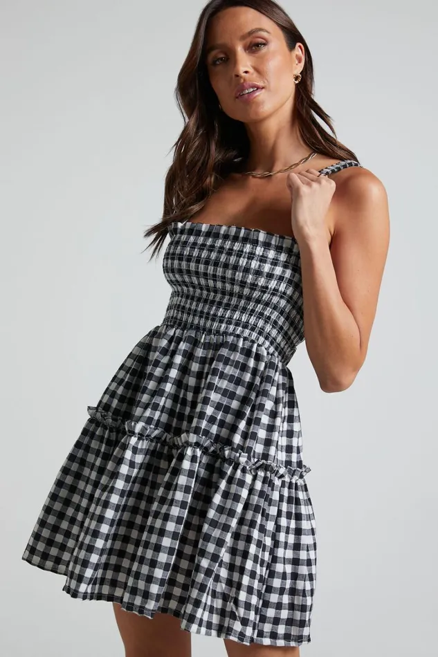 Wilda Mini Dress 8211 Shirred Tiered Dress In Black And White Check Women Showpo Curve Clothes