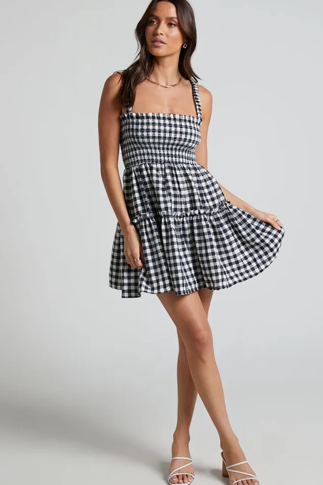 Wilda Mini Dress 8211 Shirred Tiered Dress In Black And White Check Women Showpo Curve Clothes