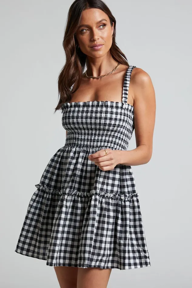 Wilda Mini Dress 8211 Shirred Tiered Dress In Black And White Check Women Showpo Curve Clothes